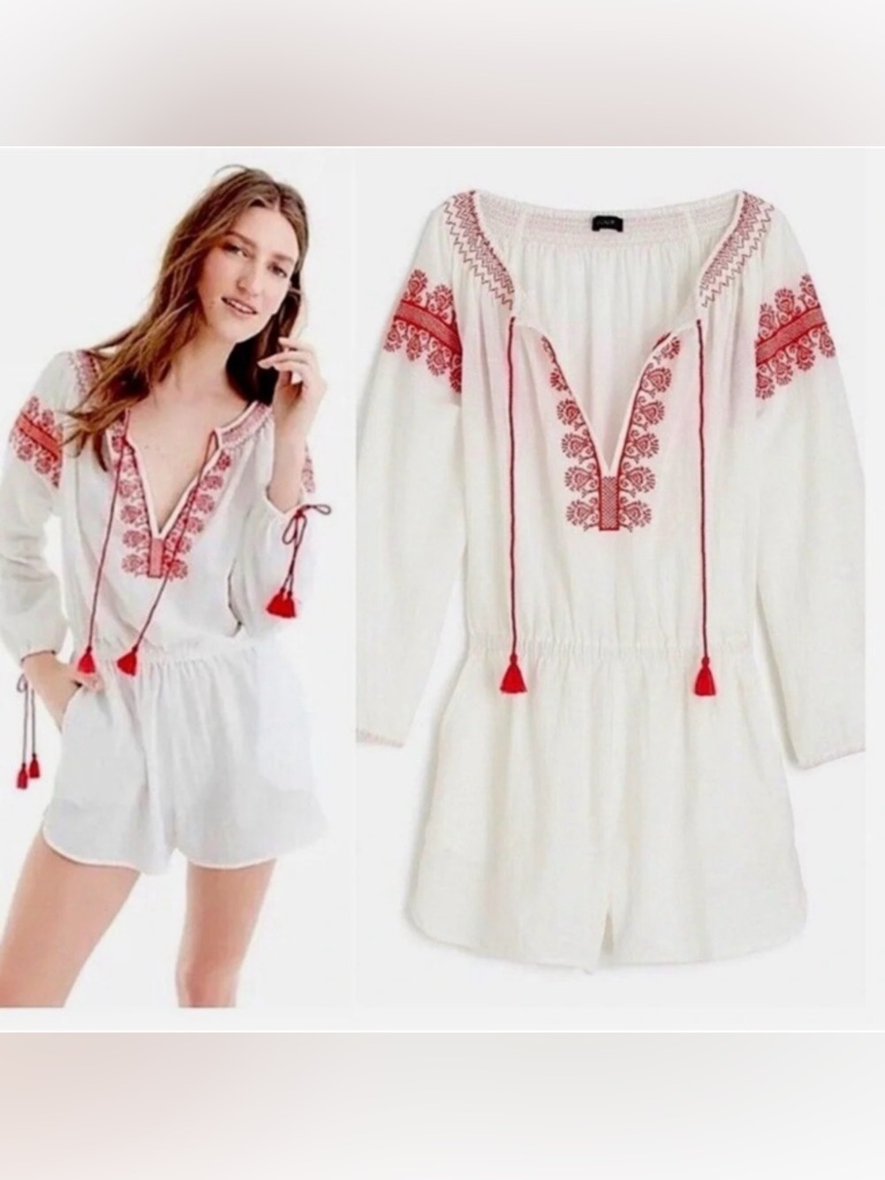J. CREW White Red Embroidered Tassel Cotton Gauze Peasant Beach Boho Romper XS O